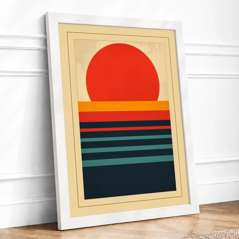 Sun and Stripes Geometric Framed Wall Art Print A1 (84.1×59.4cm) White, Wall Decor for Living Room, Bedroom, Office & Home, Ready to Hang, Art Gift