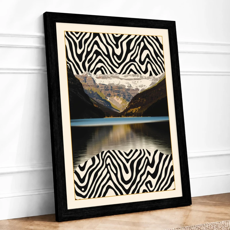 Mountain Between Stripes Eclectic Framed Wall Art Print A1 (84.1×59.4cm) Black, Wall Decor for Living Room, Bedroom, Office & Home, Ready to Hang, Art Gift