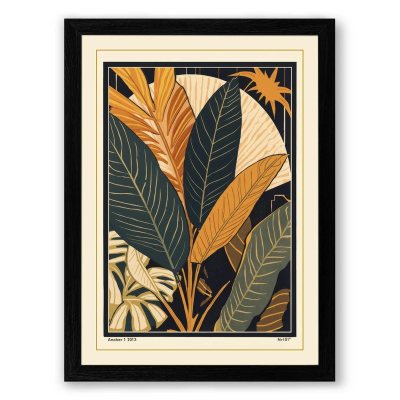 Golden Tropical Frame Art Deco Framed Wall Art Print A1 (84.1×59.4cm) Black, Wall Decor for Living Room, Bedroom, Office & Home, Ready to Hang, Art Gift
