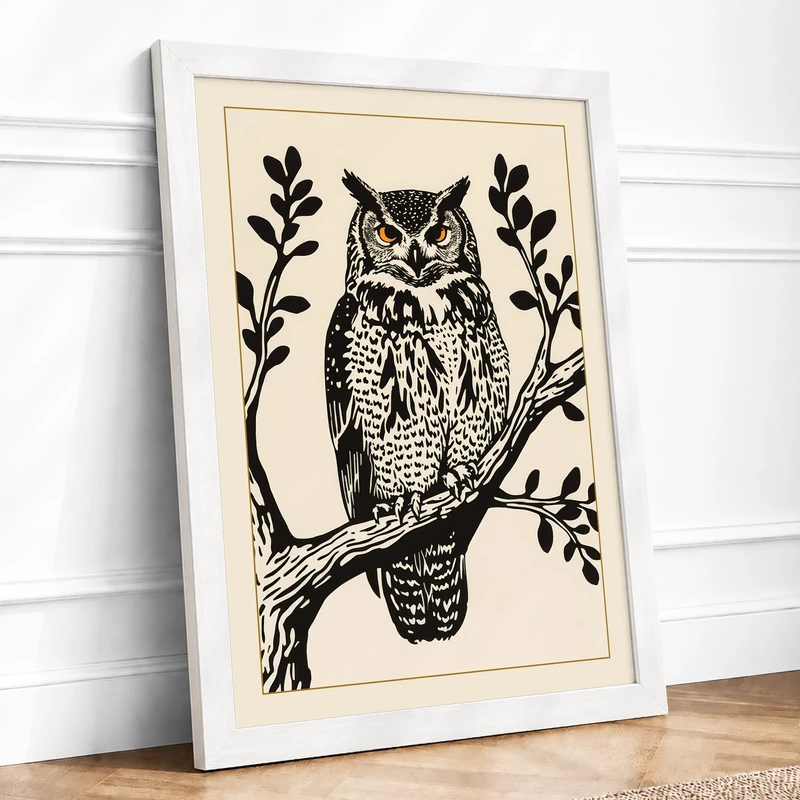 Owl in Balance Botanical Framed Wall Art Print A1 (84.1×59.4cm) White, Wall Decor for Living Room, Bedroom, Office & Home, Ready to Hang, Art Gift - Image 1