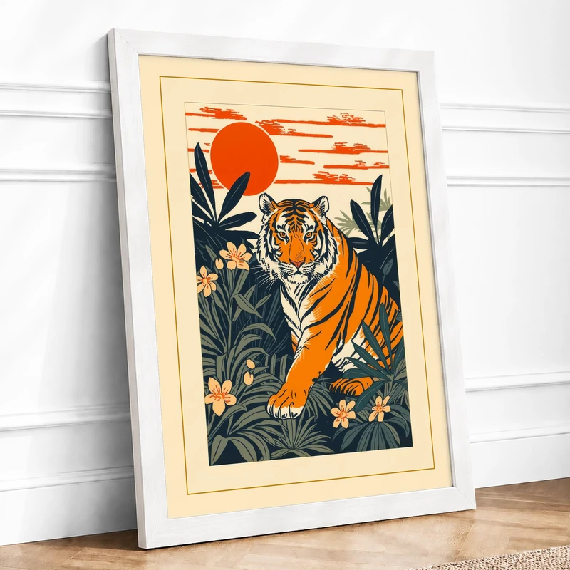 Tiger in Jungle Japandi Framed Wall Art Print A1 (84.1×59.4cm) White, Wall Decor for Living Room, Bedroom, Office & Home, Ready to Hang, Art Gift - Image 1
