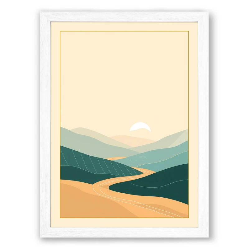 Hills at Dusk Minimalist Framed Wall Art Print A1 (84.1×59.4cm) White, Wall Decor for Living Room, Bedroom, Office & Home, Ready to Hang, Art Gift