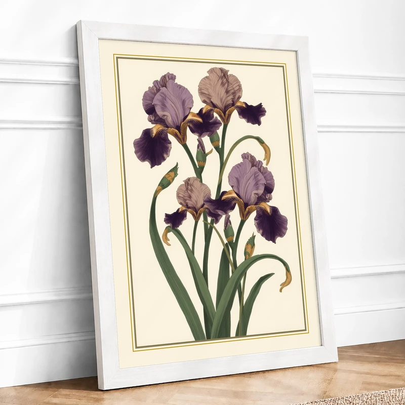 Iris Cluster Botanical Framed Wall Art Print A1 (84.1×59.4cm) White, Wall Decor for Living Room, Bedroom, Office & Home, Ready to Hang, Art Gift - Image 1