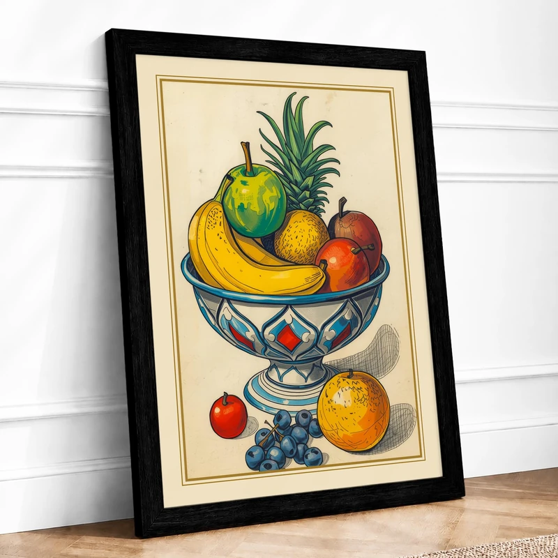 Still Life with Blue Bowl Botanical Framed Wall Art Print A1 (84.1×59.4cm) Black, Wall Decor for Living Room, Bedroom, Office & Home, Ready to Hang, Art Gift