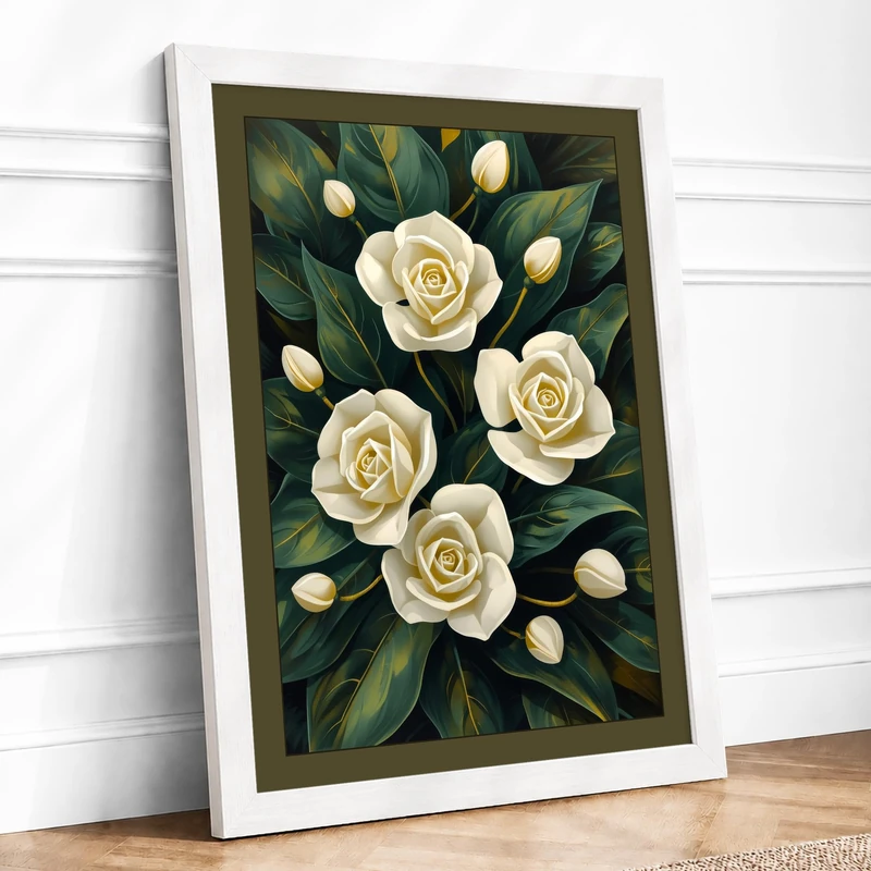 Pale Roses in Green Botanical Framed Wall Art Print A1 (84.1×59.4cm) White, Wall Decor for Living Room, Bedroom, Office & Home, Ready to Hang, Art Gift