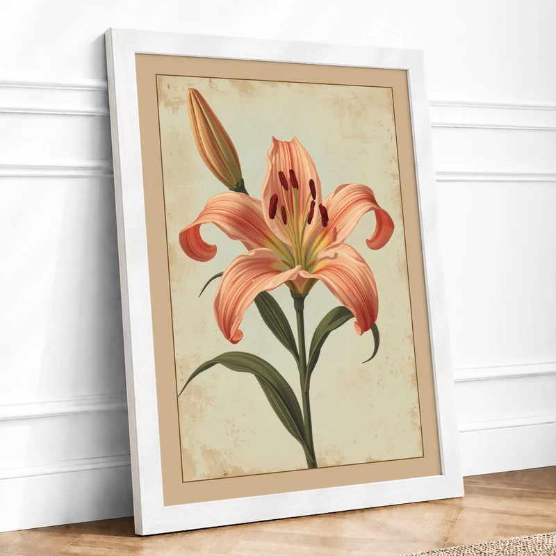 Coral Lily Study Botanical Framed Wall Art Print A1 (84.1×59.4cm) White, Wall Decor for Living Room, Bedroom, Office & Home, Ready to Hang, Art Gift