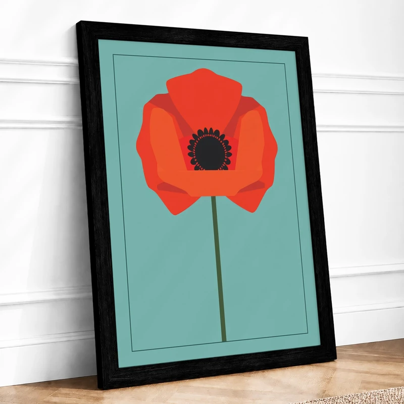 Solitary Poppy Botanical Framed Wall Art Print A1 (84.1×59.4cm) Black, Wall Decor for Living Room, Bedroom, Office & Home, Ready to Hang, Art Gift