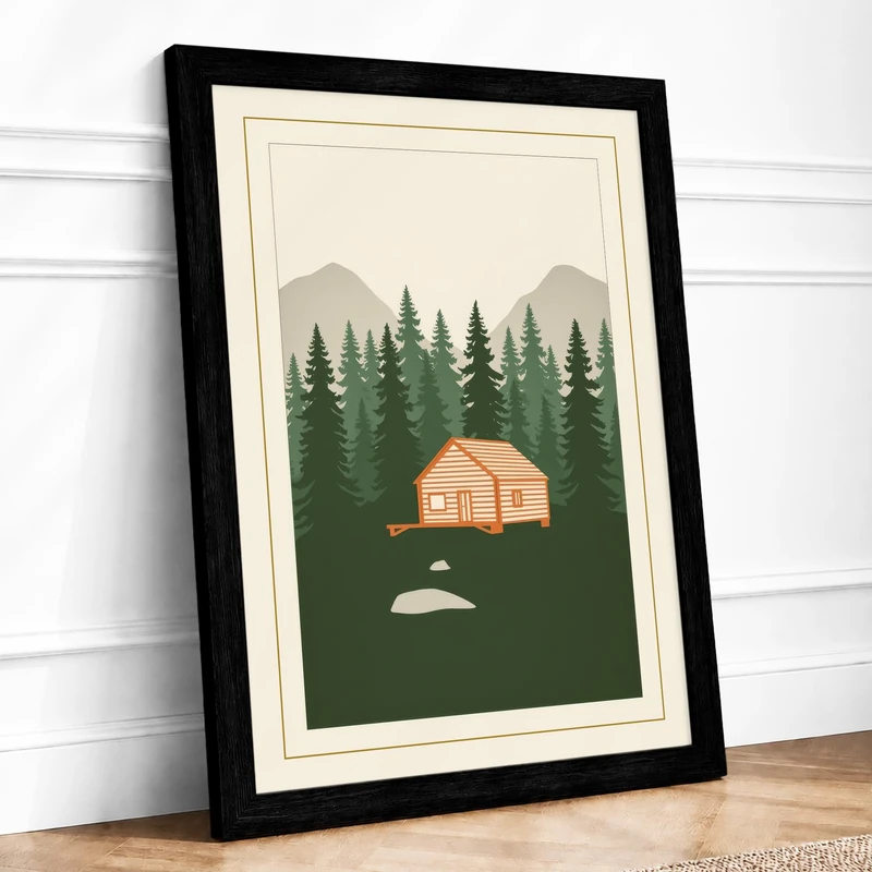 Cabin in the Forest Minimalist Framed Wall Art Print A1 (84.1×59.4cm) Black, Wall Decor for Living Room, Bedroom, Office & Home, Ready to Hang, Art Gift