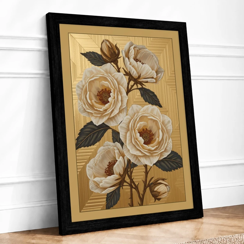Pale Roses in Bloom Botanical Framed Wall Art Print A1 (84.1×59.4cm) Black, Wall Decor for Living Room, Bedroom, Office & Home, Ready to Hang, Art Gift