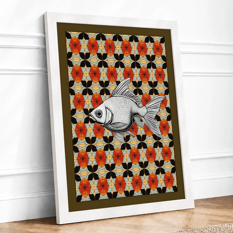 Fish in Ornament Eclectic Framed Wall Art Print A1 (84.1×59.4cm) White, Wall Decor for Living Room, Bedroom, Office & Home, Ready to Hang, Art Gift - Image 1
