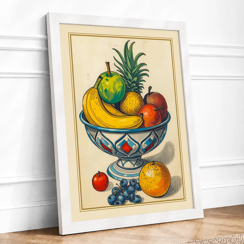 Still Life with Blue Bowl Botanical Framed Wall Art Print A1 (84.1×59.4cm) White, Wall Decor for Living Room, Bedroom, Office & Home, Ready to Hang, Art Gift
