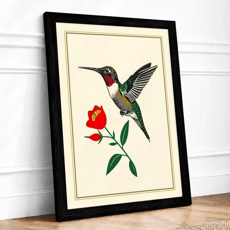 Hummingbird and Bloom Botanical Framed Wall Art Print A1 (84.1×59.4cm) Black, Wall Decor for Living Room, Bedroom, Office & Home, Ready to Hang, Art Gift