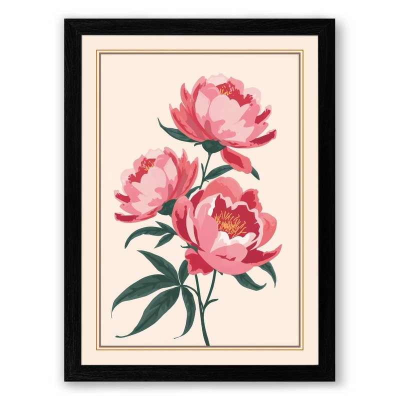 Pink Peonies Botanical Framed Wall Art Print A1 (84.1×59.4cm) Black, Wall Decor for Living Room, Bedroom, Office & Home, Ready to Hang, Art Gift