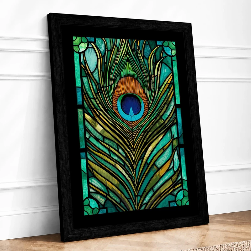 Peacock Feather Panel Art Deco Framed Wall Art Print A1 (84.1×59.4cm) Black, Wall Decor for Living Room, Bedroom, Office & Home, Ready to Hang, Art Gift