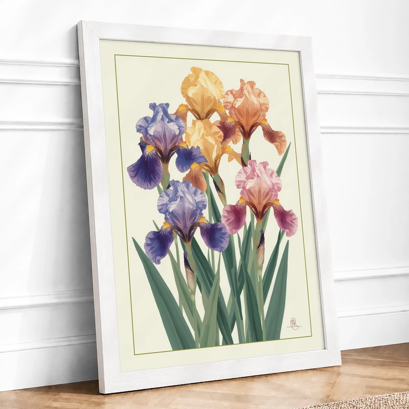 Iris Garden Botanical Framed Wall Art Print A1 (84.1×59.4cm) White, Wall Decor for Living Room, Bedroom, Office & Home, Ready to Hang, Art Gift