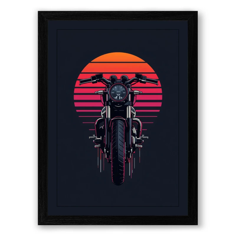 Motorcycle and Rising Sun Retro Framed Wall Art Print A1 (84.1×59.4cm) Black, Wall Decor for Living Room, Bedroom, Office & Home, Ready to Hang, Art Gift