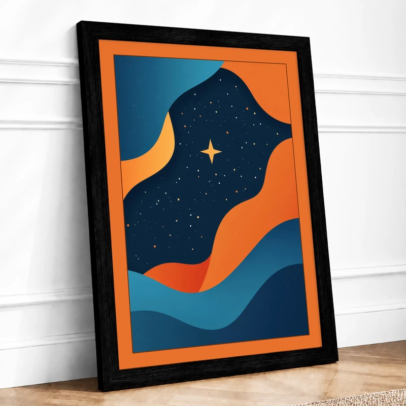 Cosmic Waves at Night Mid-Century Framed Wall Art Print A1 (84.1×59.4cm) Black, Wall Decor for Living Room, Bedroom, Office & Home, Ready to Hang, Art Gift - Image 1