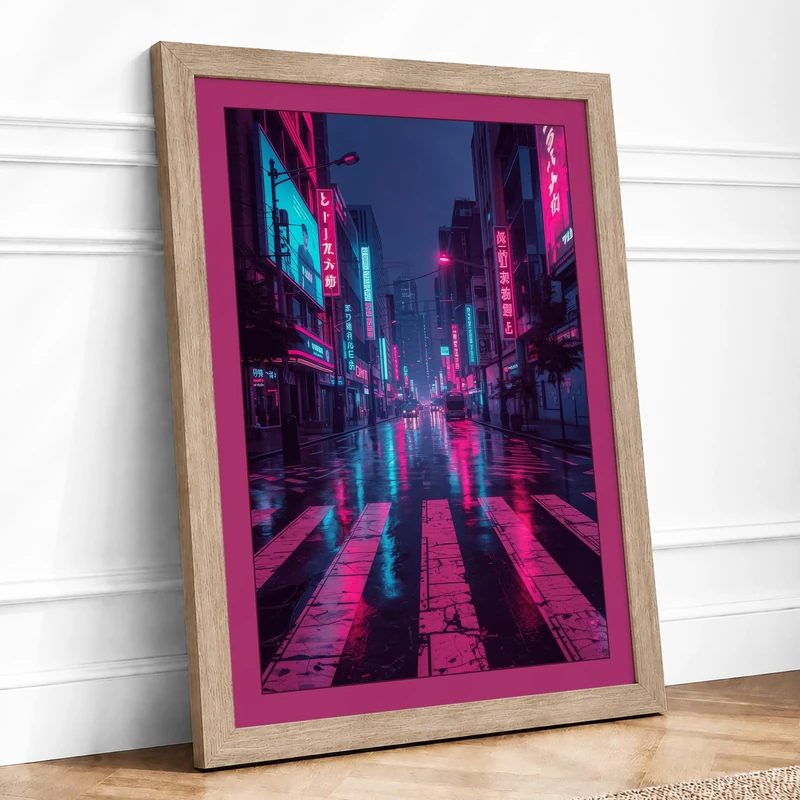 Neon City Streets Modern Framed Wall Art Print A1 (84.1×59.4cm) Oak, Wall Decor for Living Room, Bedroom, Office & Home, Ready to Hang, Art Gift