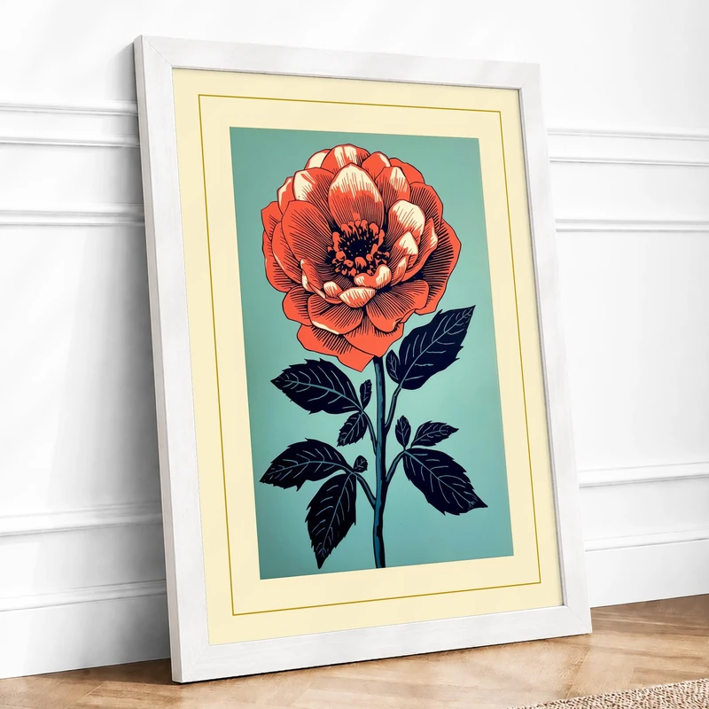 Coral Peony Botanical Framed Wall Art Print A1 (84.1×59.4cm) White, Wall Decor for Living Room, Bedroom, Office & Home, Ready to Hang, Art Gift - Image 1