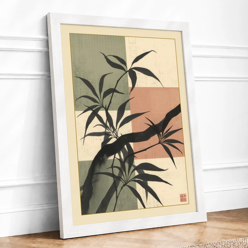 Single Stem in Ink Japandi Framed Wall Art Print A1 (84.1×59.4cm) White, Wall Decor for Living Room, Bedroom, Office & Home, Ready to Hang, Art Gift