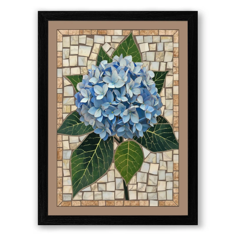 Hydrangea Mosaic Botanical Framed Wall Art Print A1 (84.1×59.4cm) Black, Wall Decor for Living Room, Bedroom, Office & Home, Ready to Hang, Art Gift