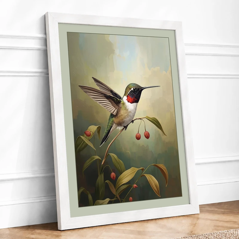 Hummingbird at Rest Botanical Framed Wall Art Print A1 (84.1×59.4cm) White, Wall Decor for Living Room, Bedroom, Office & Home, Ready to Hang, Art Gift - Image 1