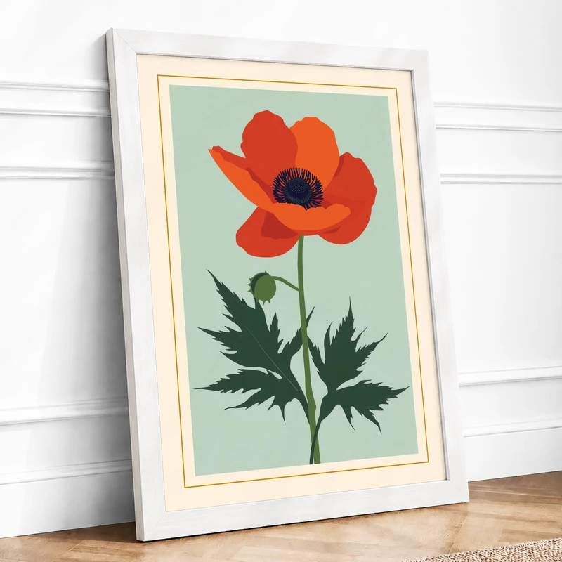 Red Poppy Botanical Framed Wall Art Print A1 (84.1×59.4cm) White, Wall Decor for Living Room, Bedroom, Office & Home, Ready to Hang, Art Gift - Image 1