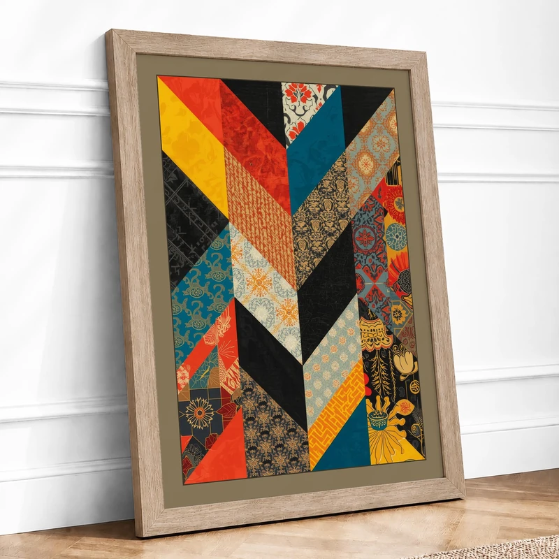 Textile Patchwork Boho Framed Wall Art Print A1 (84.1×59.4cm) Oak, Wall Decor for Living Room, Bedroom, Office & Home, Ready to Hang, Art Gift - Image 1