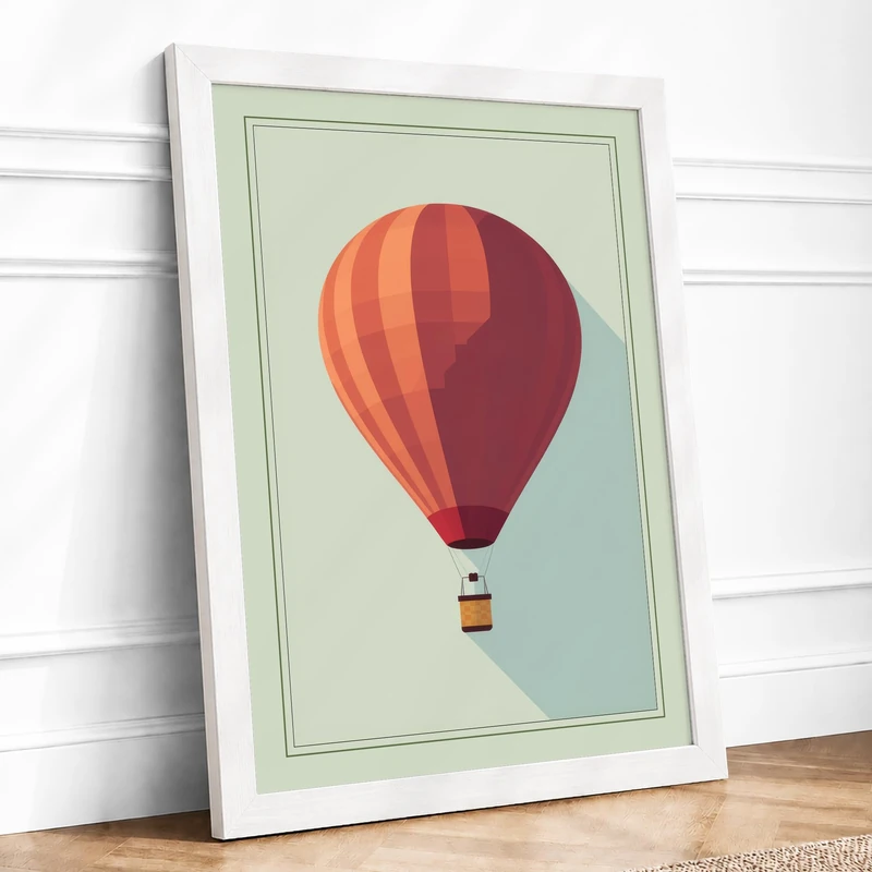 Hot Air Balloon Rising Geometric Framed Wall Art Print A1 (84.1×59.4cm) White, Wall Decor for Living Room, Bedroom, Office & Home, Ready to Hang, Art Gift