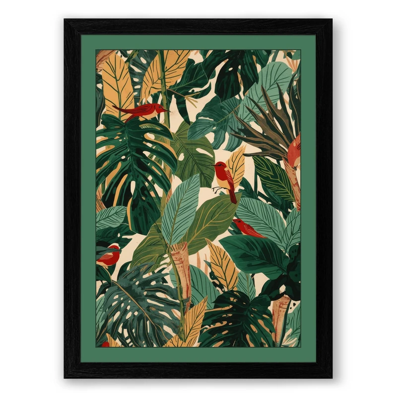 Foliage Pattern Tropical Framed Wall Art Print A1 (84.1×59.4cm) Black, Wall Decor for Living Room, Bedroom, Office & Home, Ready to Hang, Art Gift