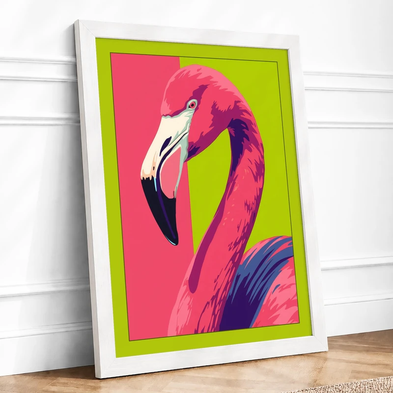Flamingo Profile Modern Framed Wall Art Print A1 (84.1×59.4cm) White, Wall Decor for Living Room, Bedroom, Office & Home, Ready to Hang, Art Gift