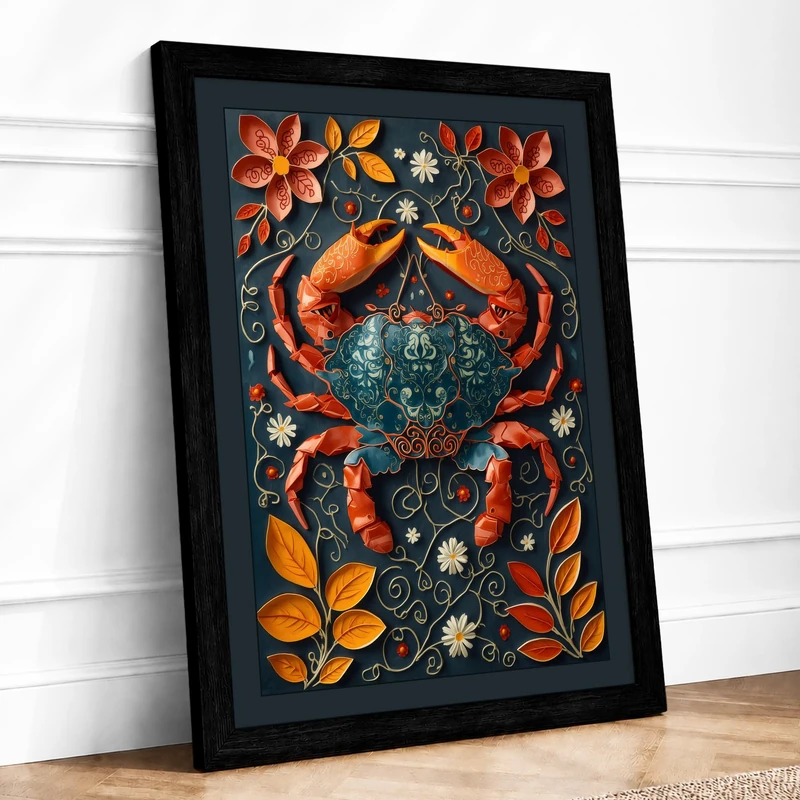 Two Crabs in Bloom Boho Framed Wall Art Print A1 (84.1×59.4cm) Black, Wall Decor for Living Room, Bedroom, Office & Home, Ready to Hang, Art Gift