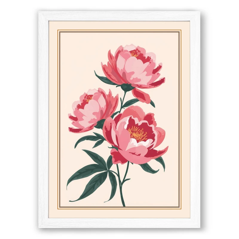Pink Peonies Botanical Framed Wall Art Print A1 (84.1×59.4cm) White, Wall Decor for Living Room, Bedroom, Office & Home, Ready to Hang, Art Gift