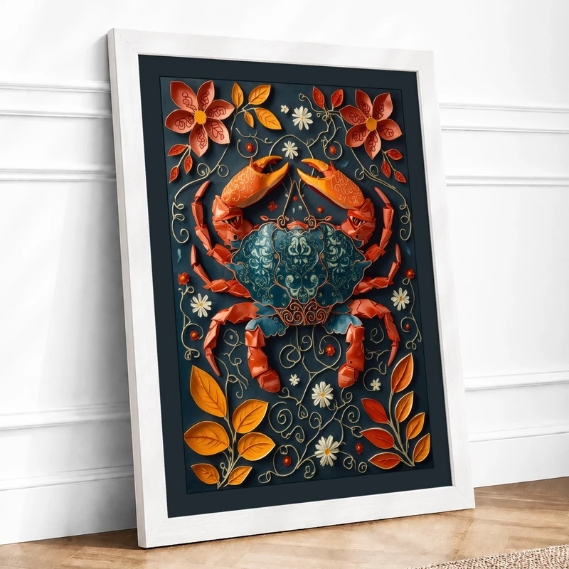 Two Crabs in Bloom Boho Framed Wall Art Print A1 (84.1×59.4cm) White, Wall Decor for Living Room, Bedroom, Office & Home, Ready to Hang, Art Gift