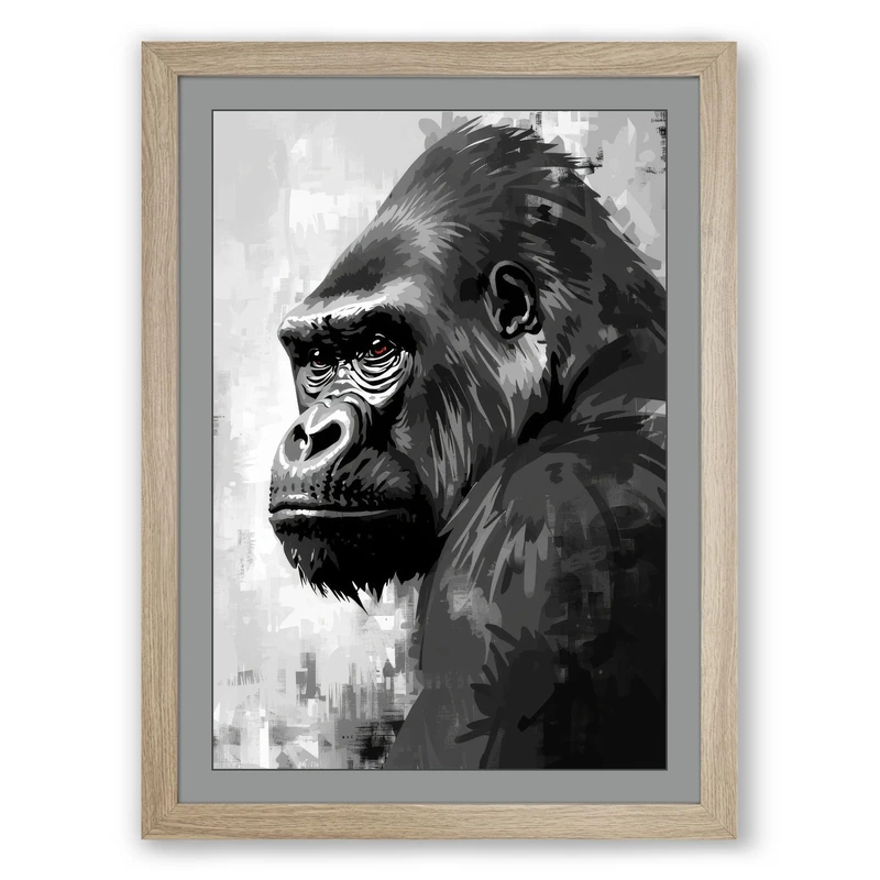 Primate Portrait Modern Framed Wall Art Print A1 (84.1×59.4cm) Oak, Wall Decor for Living Room, Bedroom, Office & Home, Ready to Hang, Art Gift