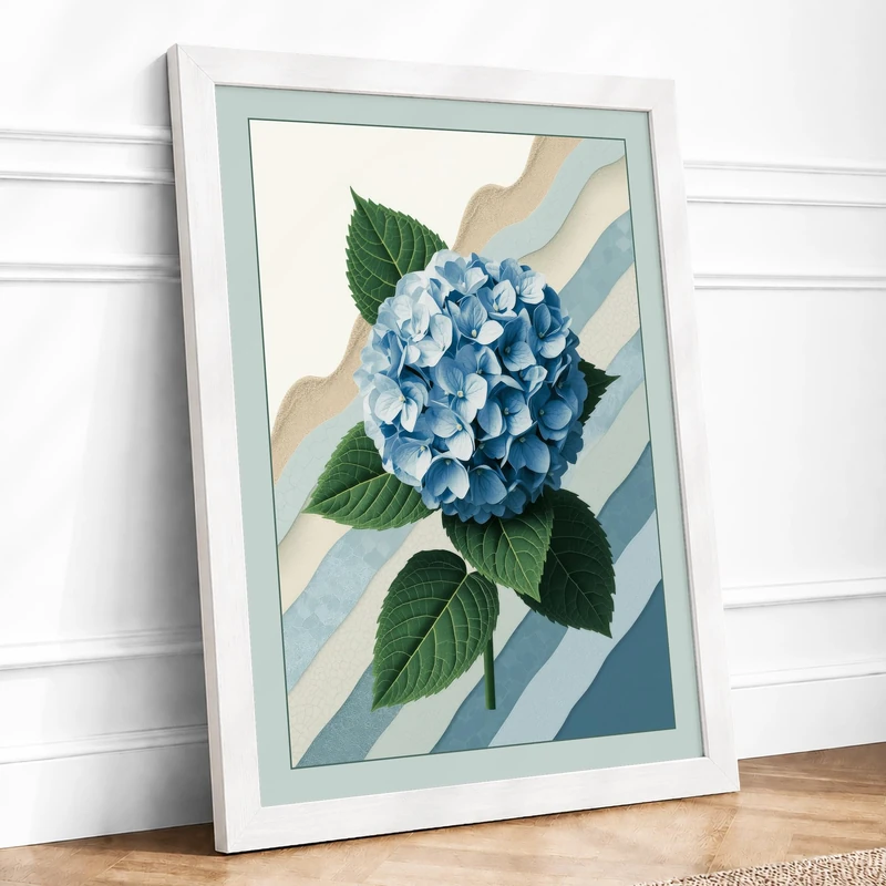 Hydrangea in Stripes Botanical Framed Wall Art Print A1 (84.1×59.4cm) White, Wall Decor for Living Room, Bedroom, Office & Home, Ready to Hang, Art Gift
