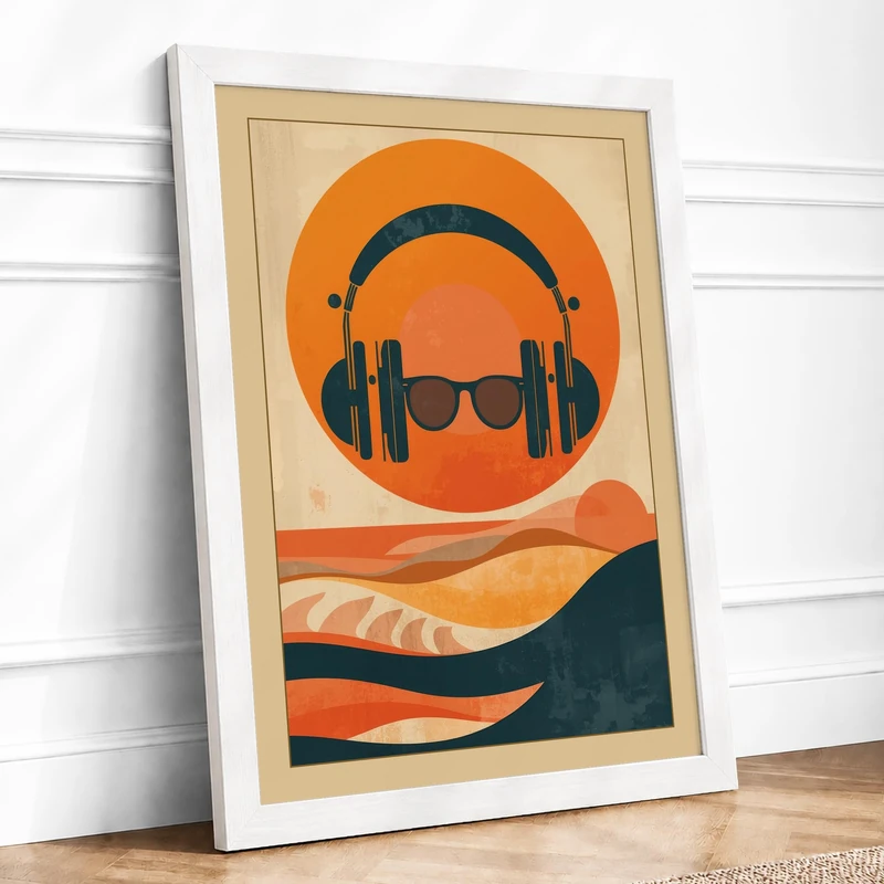 Headphones & Sunglasses Retro Framed Wall Art Print A1 (84.1×59.4cm) White, Wall Decor for Living Room, Bedroom, Office & Home, Ready to Hang, Art Gift