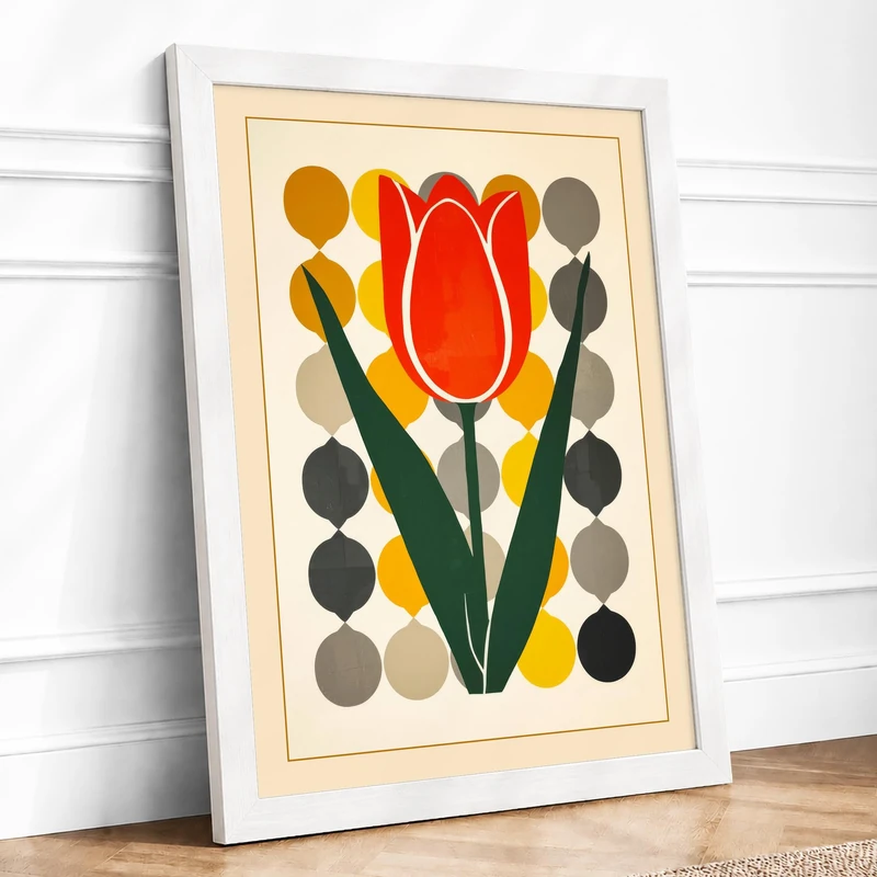 Geometric Tulip Botanical Framed Wall Art Print A1 (84.1×59.4cm) White, Wall Decor for Living Room, Bedroom, Office & Home, Ready to Hang, Art Gift - Image 1