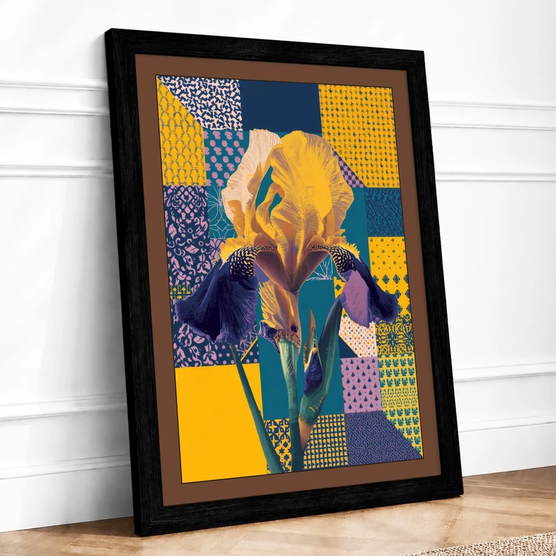 Iris in Patchwork Botanical Framed Wall Art Print A1 (84.1×59.4cm) Black, Wall Decor for Living Room, Bedroom, Office & Home, Ready to Hang, Art Gift - Image 1