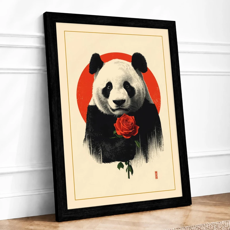 Panda with Rose Japandi Framed Wall Art Print A1 (84.1×59.4cm) Black, Wall Decor for Living Room, Bedroom, Office & Home, Ready to Hang, Art Gift
