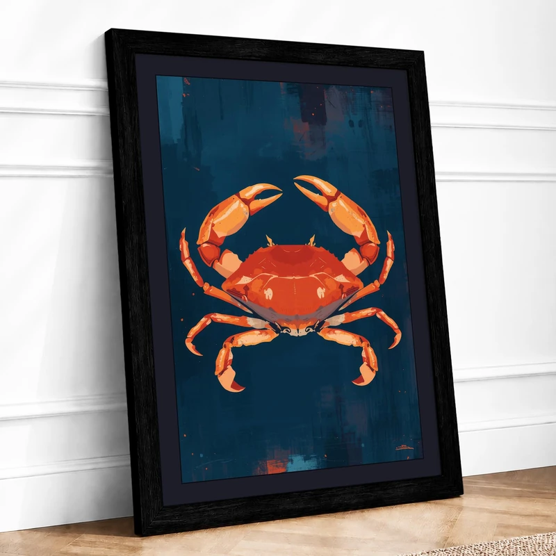 Crimson Crab Coastal Framed Wall Art Print A1 (84.1×59.4cm) Black, Wall Decor for Living Room, Bedroom, Office & Home, Ready to Hang, Art Gift
