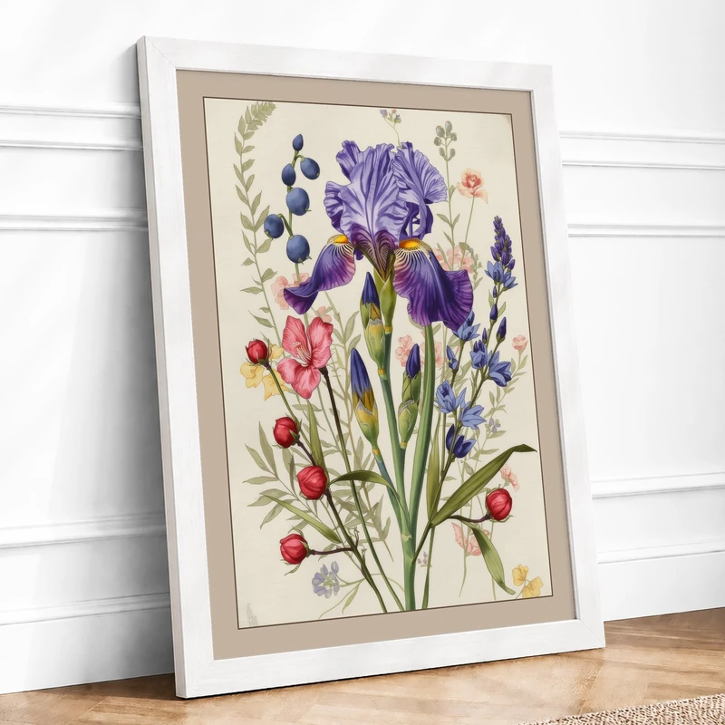 Iris and Specimen Botanical Framed Wall Art Print A1 (84.1×59.4cm) White, Wall Decor for Living Room, Bedroom, Office & Home, Ready to Hang, Art Gift