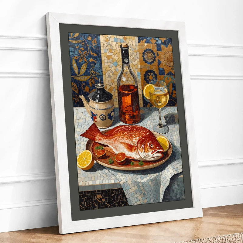 Classical Fish Feast Classic Framed Wall Art Print A1 (84.1×59.4cm) White, Wall Decor for Living Room, Bedroom, Office & Home, Ready to Hang, Art Gift - Image 1