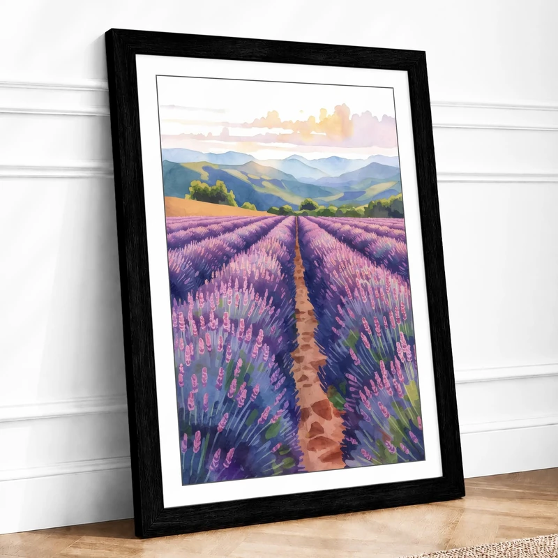 Lavender Fields at Sunrise Botanical Framed Wall Art Print A1 (84.1×59.4cm) Black, Wall Decor for Living Room, Bedroom, Office & Home, Ready to Hang, Art Gift