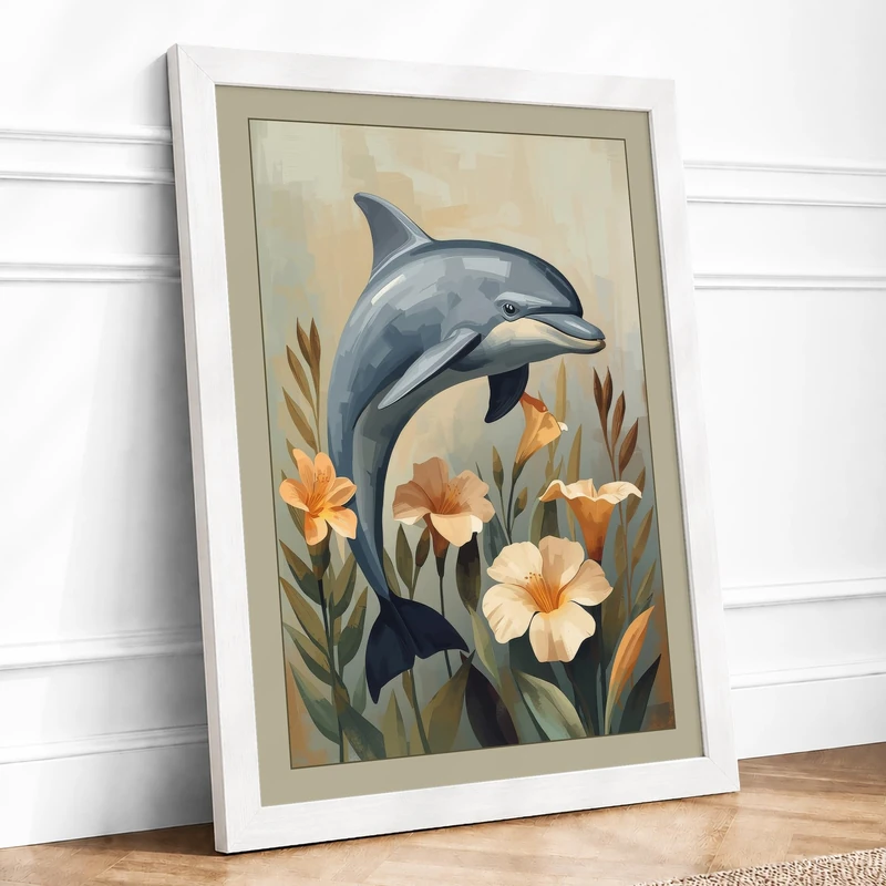 Leaping Dolphin with Poppies Coastal Framed Wall Art Print A1 (84.1×59.4cm) White, Wall Decor for Living Room, Bedroom, Office & Home, Ready to Hang, Art Gift
