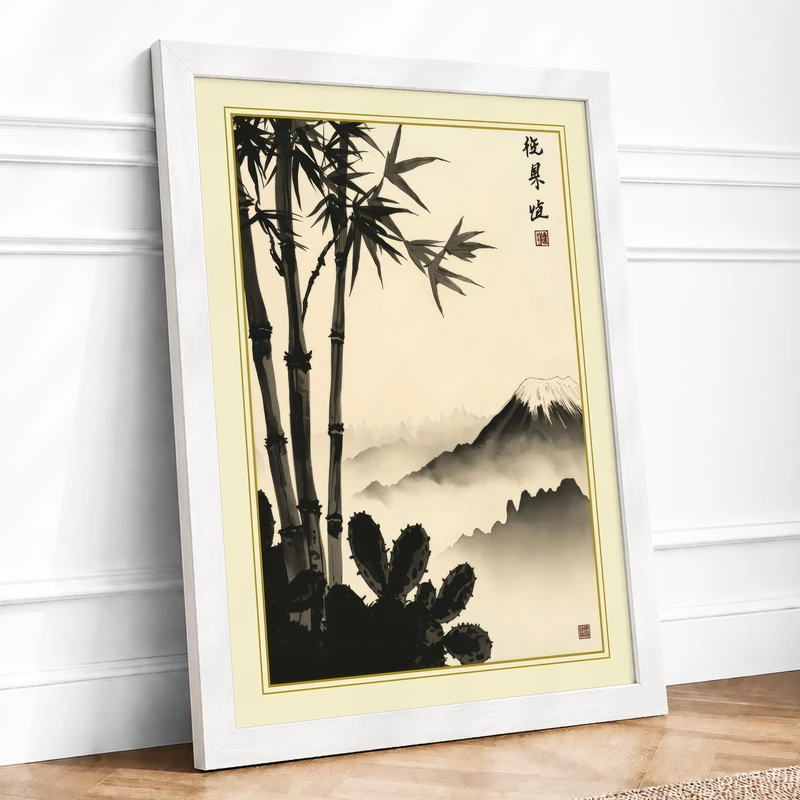 Mountain Mist in Ink Japandi Framed Wall Art Print A1 (84.1×59.4cm) White, Wall Decor for Living Room, Bedroom, Office & Home, Ready to Hang, Art Gift - Image 1