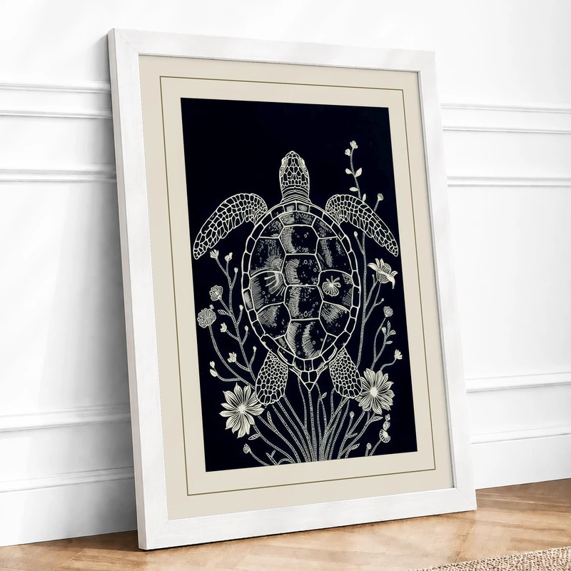 Turtle in Ocean Flora Boho Framed Wall Art Print A1 (84.1×59.4cm) White, Wall Decor for Living Room, Bedroom, Office & Home, Ready to Hang, Art Gift - Image 1