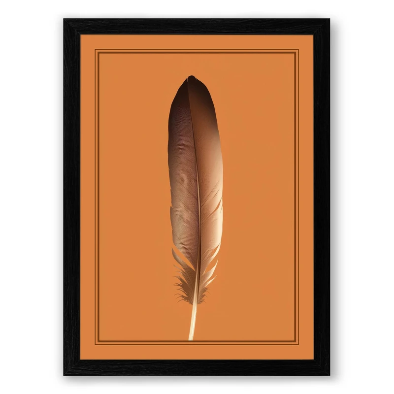 Feather on Orange Minimalist Framed Wall Art Print A1 (84.1×59.4cm) Black, Wall Decor for Living Room, Bedroom, Office & Home, Ready to Hang, Art Gift