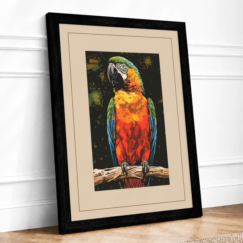 Macaw on Branch Botanical Framed Wall Art Print A1 (84.1×59.4cm) Black, Wall Decor for Living Room, Bedroom, Office & Home, Ready to Hang, Art Gift