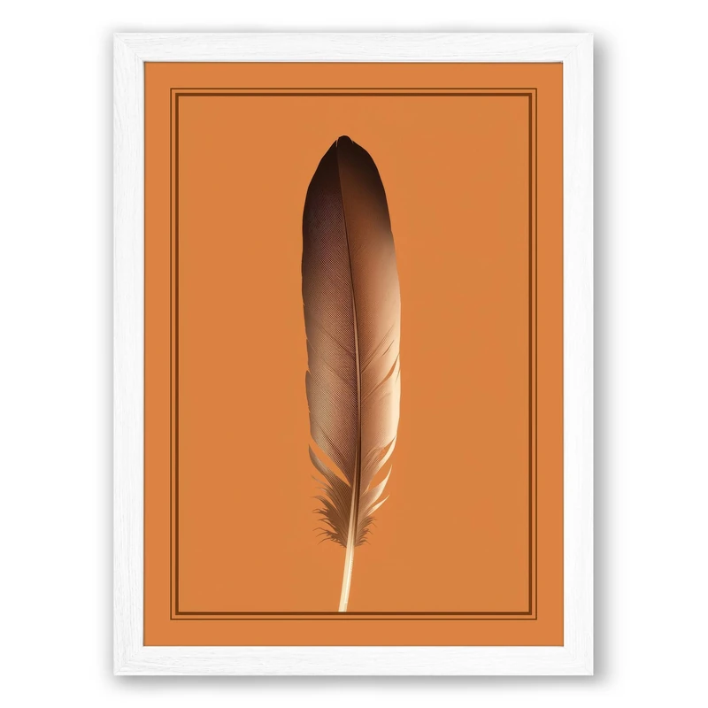 Feather on Orange Minimalist Framed Wall Art Print A1 (84.1×59.4cm) White, Wall Decor for Living Room, Bedroom, Office & Home, Ready to Hang, Art Gift